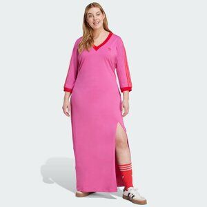NWT Adicolor Classics 3-Stripes V-Neck Maxi Dress Semi Lucid Fuchsia / Scarlet
